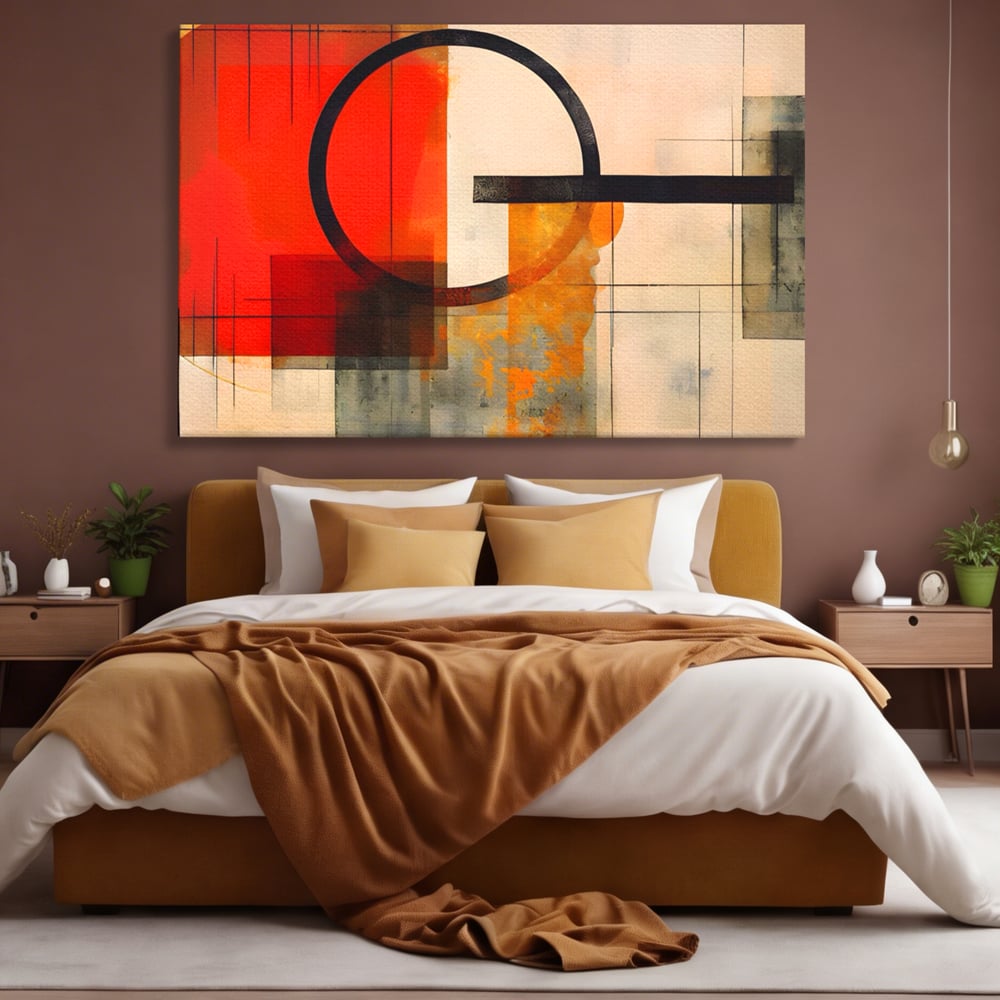 Tablou canvas cu tablou canvas cu compozitie abstracta geometrica, fara rama, pe sasiu de lemn, pe perete intr-un dormitor